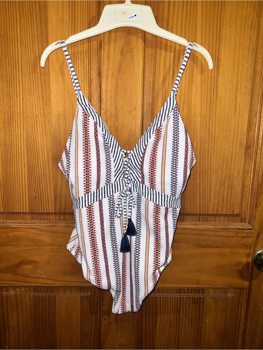 Jessica Simpson White Striped One-Piece Swimsuit with Tassels